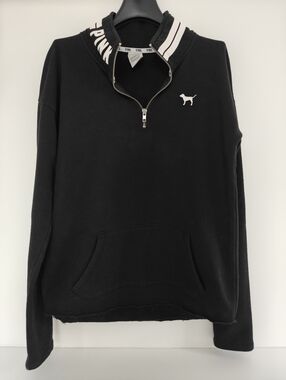 Victoria's Secret PINK black 1/4 zip sweatshirt w/white Logo Print Collar Sz  S